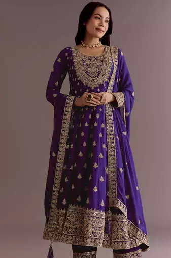 Purple Chinnon Silk Heavy Embroidery Work Designer Party wear Gown