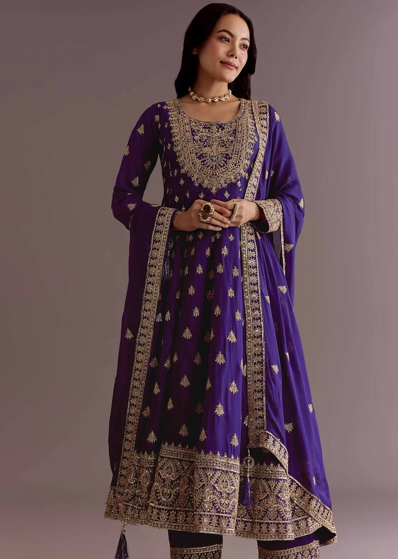 Purple Chinnon Silk Heavy Embroidery Work Designer Party wear Gown