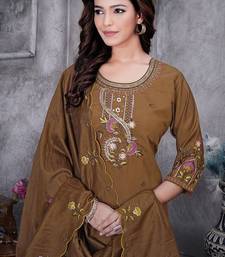 Brown Color Embroidery Thread With Hand Work Roman Silk Kurta pant Set