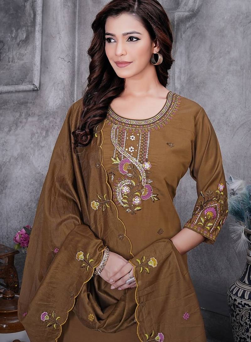 Brown Color Embroidery Thread With Hand Work Roman Silk Kurta pant Set
