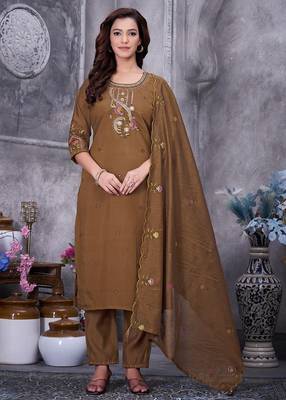 Brown Color Embroidery Thread With Hand Work Roman Silk Kurta Pent Seta   1