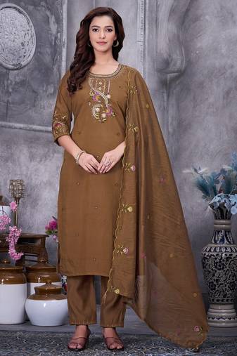 Brown Color Embroidery Thread With Hand Work Roman Silk Kurta pant Set