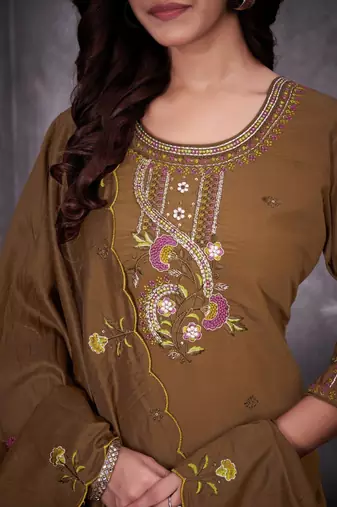 Brown Color Embroidery Thread With Hand Work Roman Silk Kurta Pent Seta  