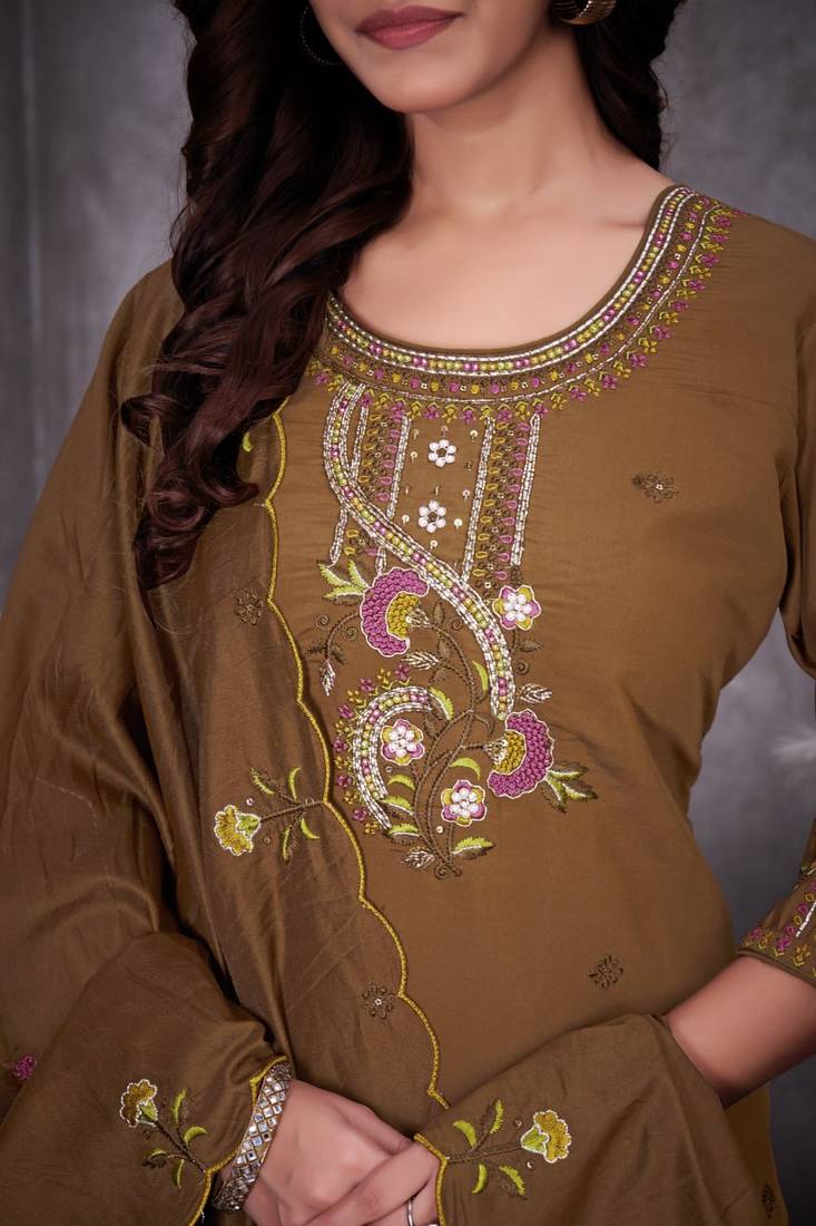 Brown Color Embroidery Thread With Hand Work Roman Silk Kurta pant Set