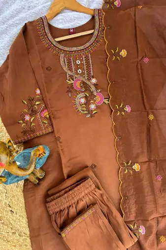 Brown Color Embroidery Thread With Hand Work Roman Silk Kurta Pent Seta  