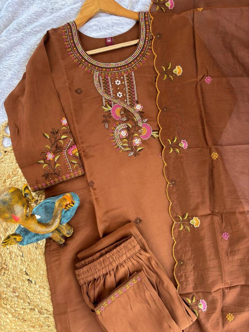 Brown Color Embroidery Thread With Hand Work Roman Silk Kurta pant Set