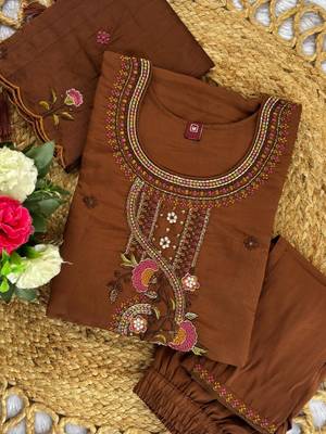 Brown Color Embroidery Thread With Hand Work Roman Silk Kurta Pent Seta   5