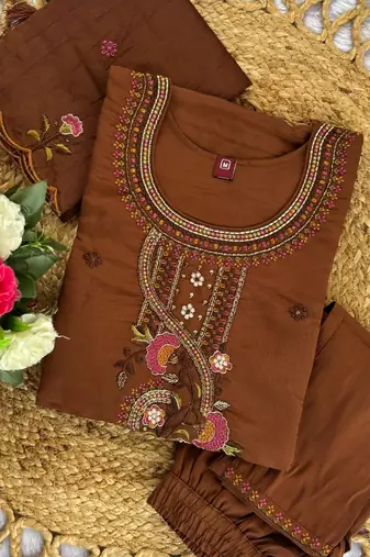 Brown Color Embroidery Thread With Hand Work Roman Silk Kurta Pent Seta  