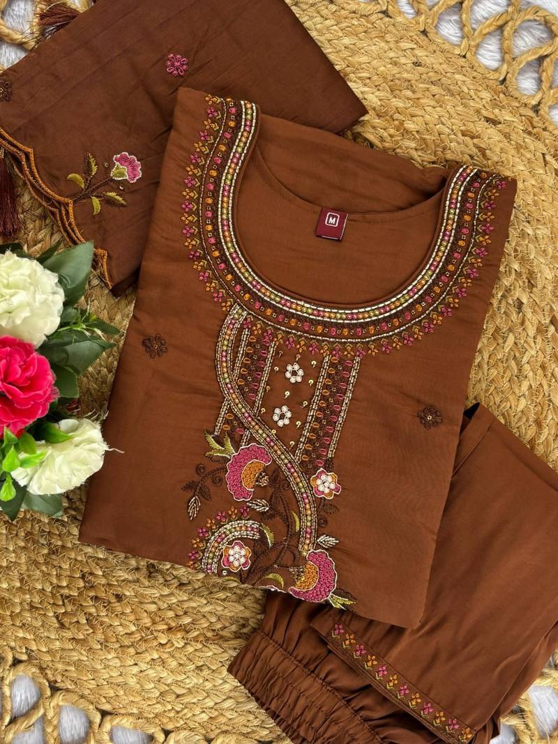 Brown Color Embroidery Thread With Hand Work Roman Silk Kurta pant Set