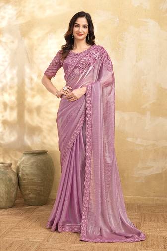 LightPink Tussar Silk Embroidery With Sequence Work Saree with Unstitched Blouse