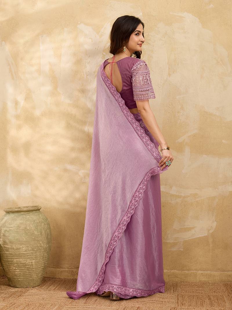 LightPink Tussar Silk Embroidery With Sequence Work Saree with Unstitched Blouse