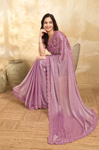 LightPink Tussar Silk Embroidery With Sequence Work Saree with Unstitched Blouse