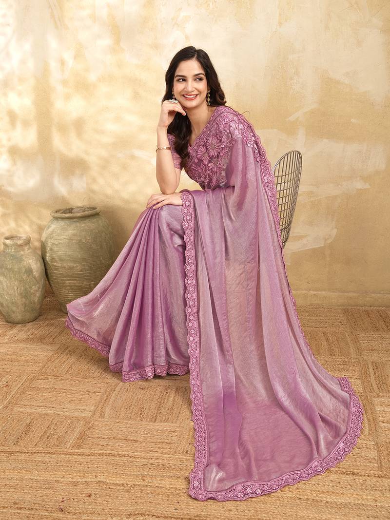 LightPink Tussar Silk Embroidery With Sequence Work Saree with Unstitched Blouse