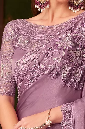 LightPink Tussar Silk Embroidery With Sequence Work Saree with Unstitched Blouse