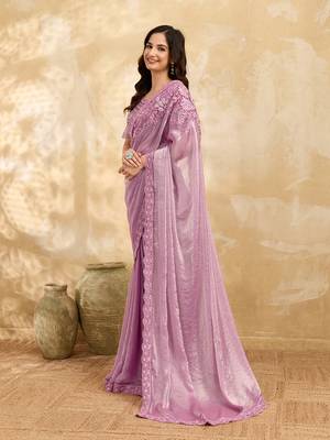 LightPink Tussar Silk Embroidery With Sequence Work Saree with Unstitched Blouse 4