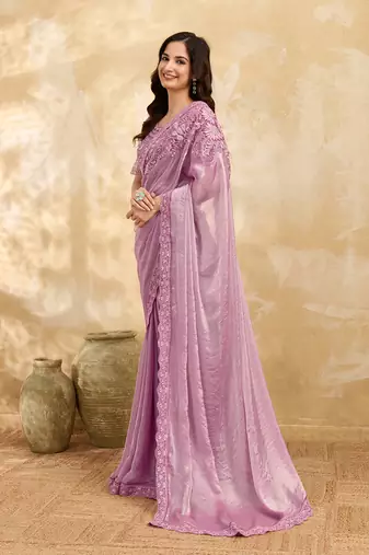 LightPink Tussar Silk Embroidery With Sequence Work Saree with Unstitched Blouse