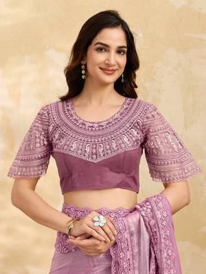 LightPink Tussar Silk Embroidery With Sequence Work Saree with Unstitched Blouse 5