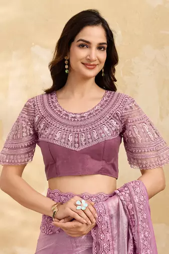 LightPink Tussar Silk Embroidery With Sequence Work Saree with Unstitched Blouse
