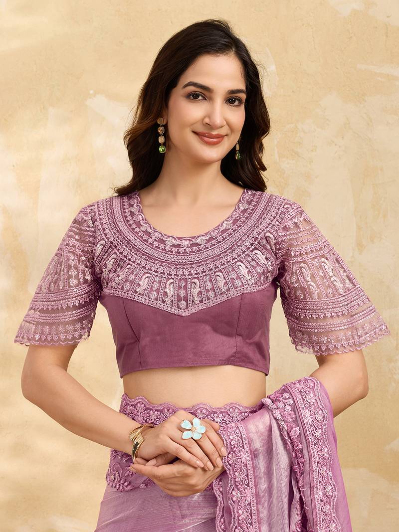 LightPink Tussar Silk Embroidery With Sequence Work Saree with Unstitched Blouse