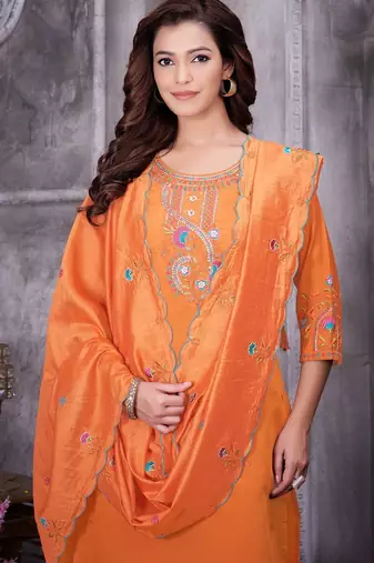 Orange Color Embroidery Thread With Hand Work Roman Silk Kurta Pent Seta  