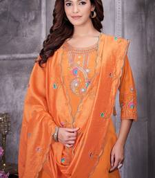 Orange Color Embroidery Thread With Hand Work Roman Silk Kurta pant Set