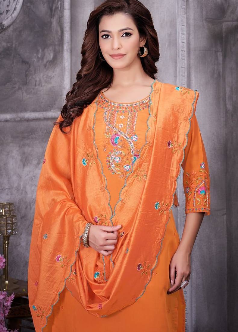 Orange Color Embroidery Thread With Hand Work Roman Silk Kurta pant Set