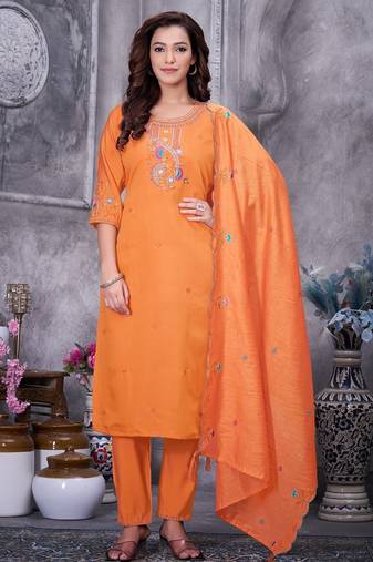 Orange Color Embroidery Thread With Hand Work Roman Silk Kurta pant Set