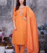 Orange Color Embroidery Thread With Hand Work Roman Silk Kurta pant Set