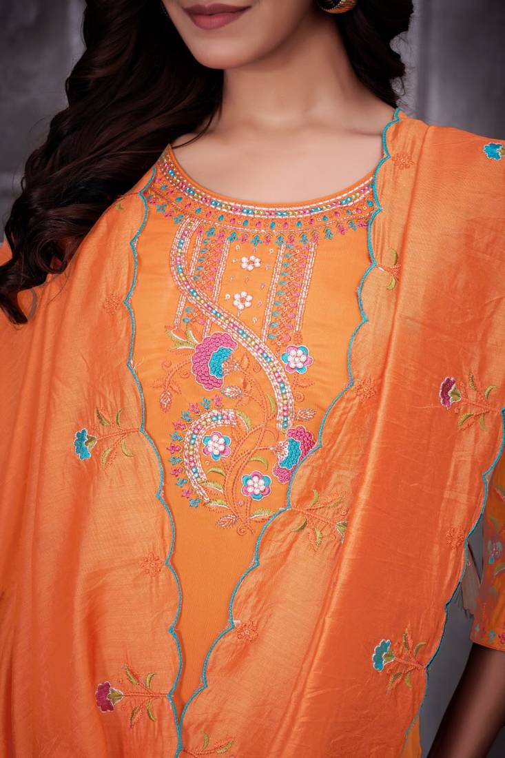 Orange Color Embroidery Thread With Hand Work Roman Silk Kurta pant Set