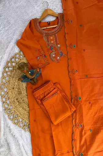 Orange Color Embroidery Thread With Hand Work Roman Silk Kurta Pent Seta  