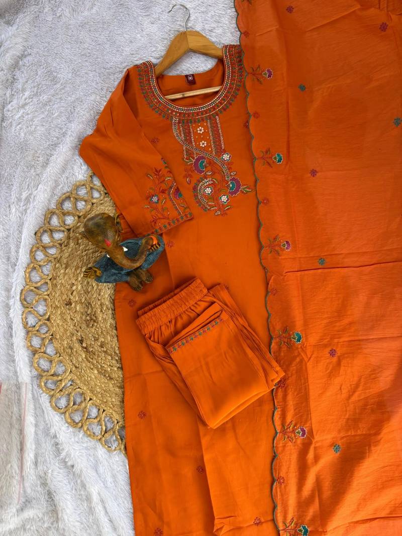 Orange Color Embroidery Thread With Hand Work Roman Silk Kurta pant Set