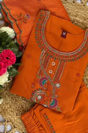 Orange Color Embroidery Thread With Hand Work Roman Silk Kurta Pent Seta  