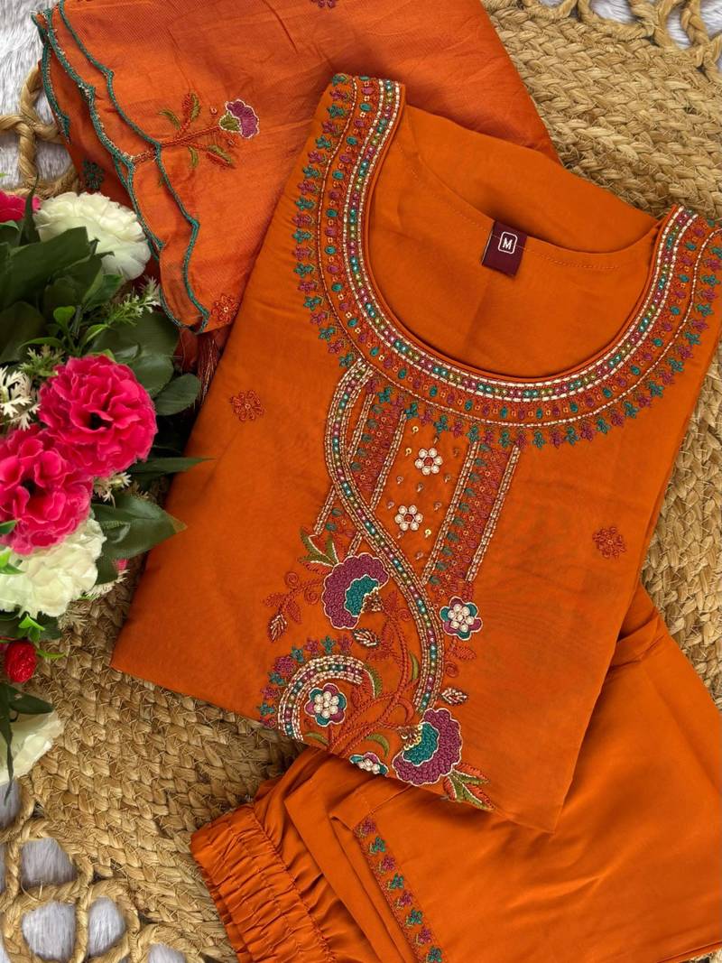 Orange Color Embroidery Thread With Hand Work Roman Silk Kurta pant Set