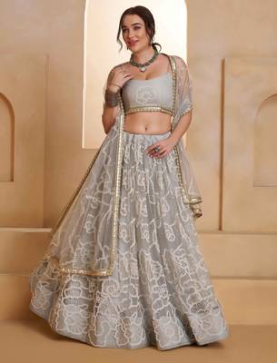 Light Gray net sequin embroidered lehenga set with choli and dupatta 1