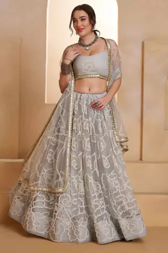 Light Gray net sequin embroidered lehenga set with choli and dupatta