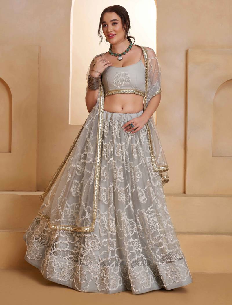Light Gray net sequin embroidered lehenga set with choli and dupatta