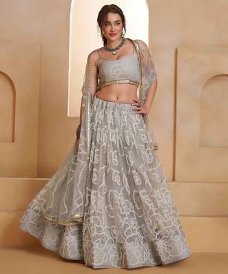 Light Gray net sequin embroidered lehenga set with choli and dupatta 2