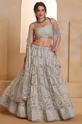 Light Gray net sequin embroidered lehenga set with choli and dupatta