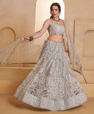 Light Gray net sequin embroidered lehenga set with choli and dupatta 3