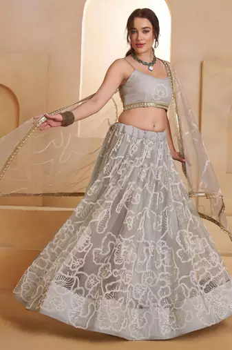 Light Gray net sequin embroidered lehenga set with choli and dupatta