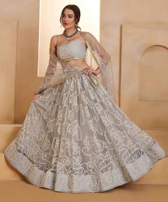 Light Gray net sequin embroidered lehenga set with choli and dupatta 4