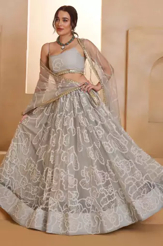 Light Gray net sequin embroidered lehenga set with choli and dupatta
