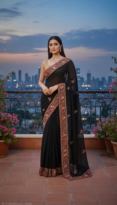 Black Georgette Embroidery With Zarkan Work Saree with Unstitched and Blouse Piece 1