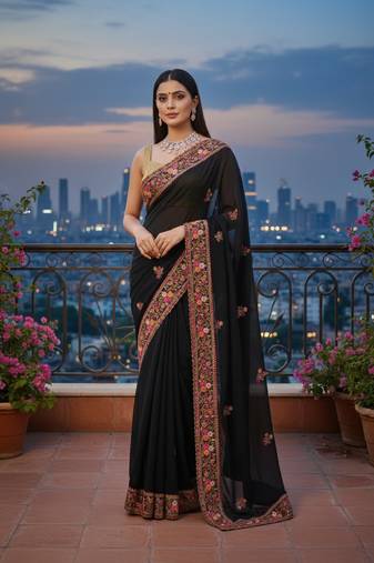 Black Georgette Embroidery With Zarkan Work Saree with Unstitched and Blouse Piece
