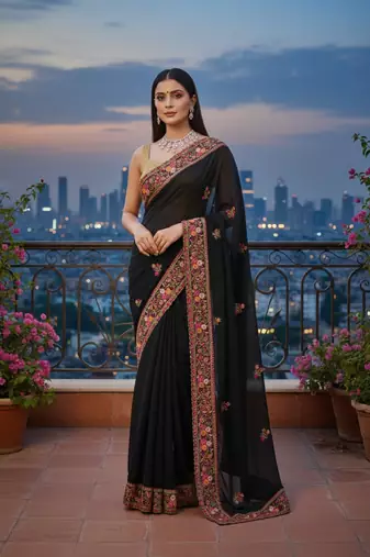 Black Georgette Embroidery With Zarkan Work Saree with Unstitched and Blouse Piece