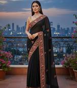 Black Georgette Embroidery With Zarkan Work Saree with Unstitched and Blouse Piece