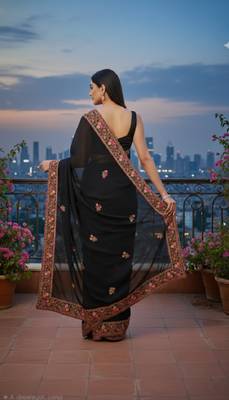 Black Georgette Embroidery With Zarkan Work Saree with Unstitched and Blouse Piece 2