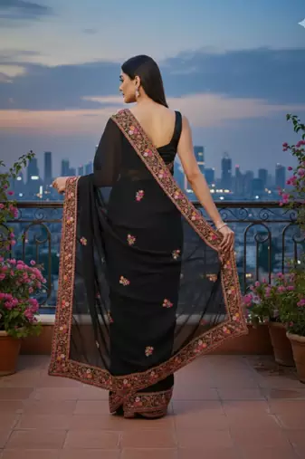 Black Georgette Embroidery With Zarkan Work Saree with Unstitched and Blouse Piece