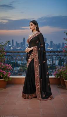 Black Georgette Embroidery With Zarkan Work Saree with Unstitched and Blouse Piece 3