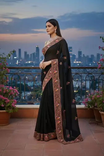 Black Georgette Embroidery With Zarkan Work Saree with Unstitched and Blouse Piece
